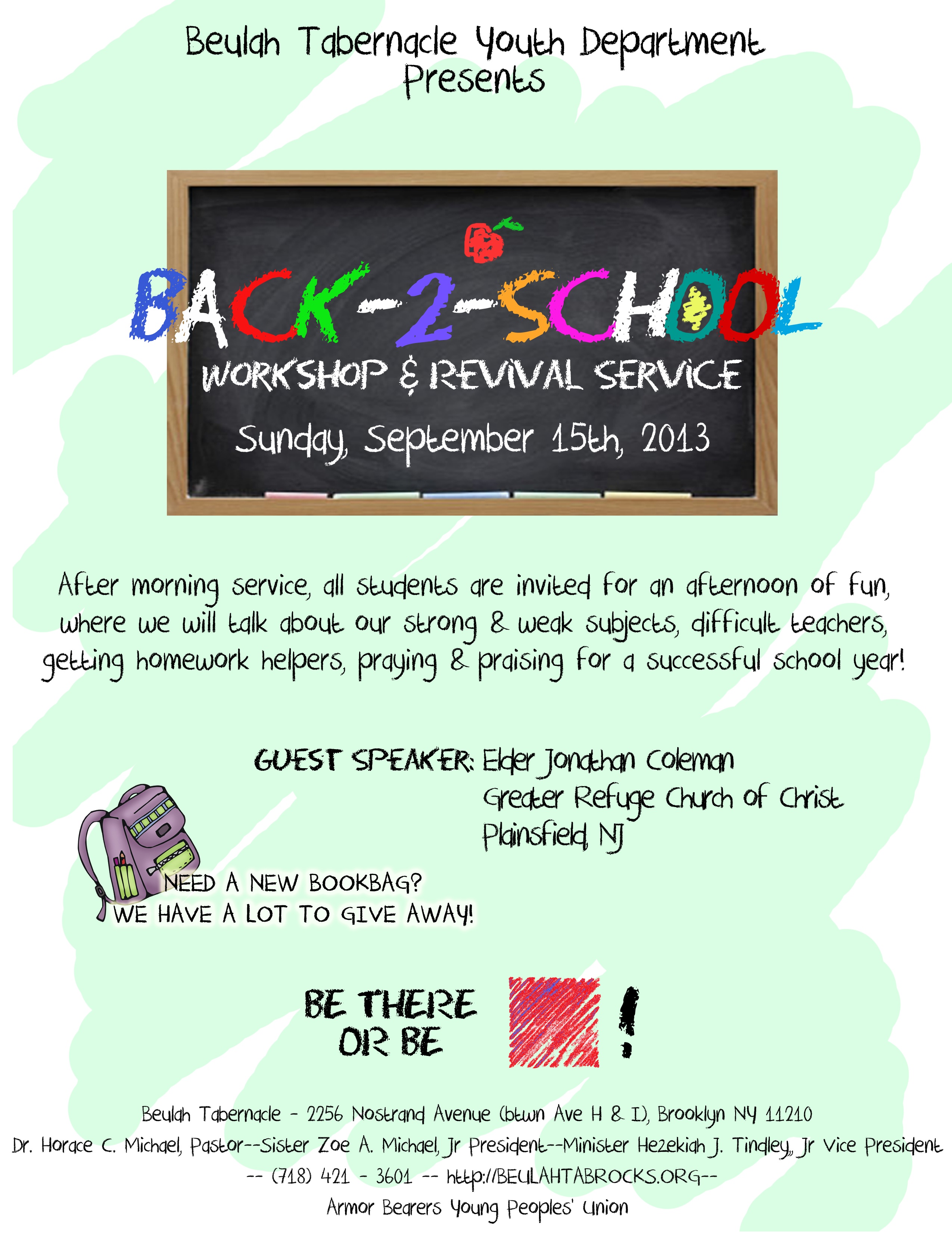 Special Back To School Youth Service @ Beulah Tabernacle 